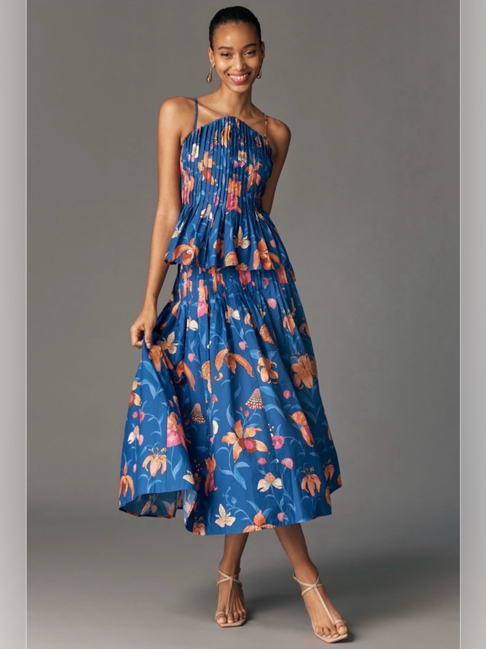 FARM Rio Blue Floral Pleated Midi Skirt with Orange Accents